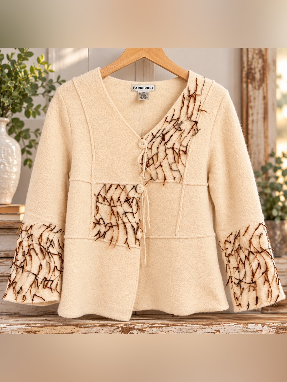 Parkhurst Cream Button-Front Women's Cardigan with Brown Stitch Accents